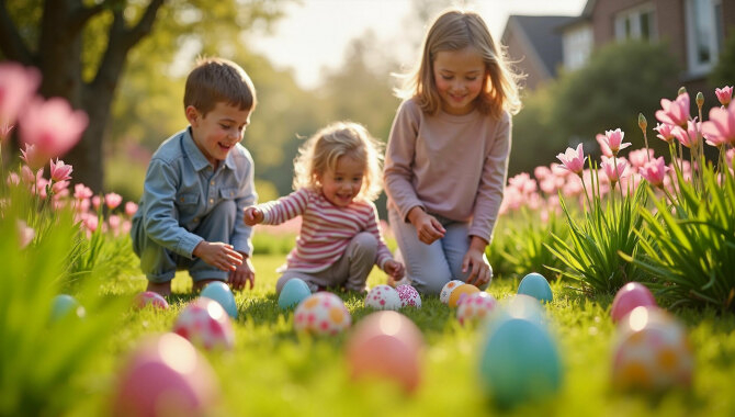 Kleine Kinder beim ostereiersuchen in einer Wiese mit Blumen.