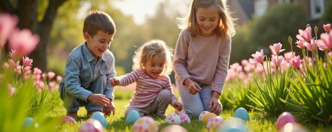 Kleine Kinder beim ostereiersuchen in einer Wiese mit Blumen.