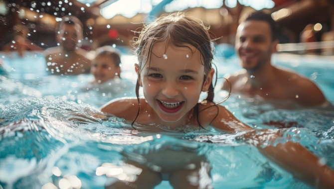 Ein junges grinsendes Mädchen beim Schwimmen in einem Indoorpool.