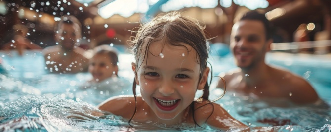 Ein junges grinsendes Mädchen beim Schwimmen in einem Indoorpool.